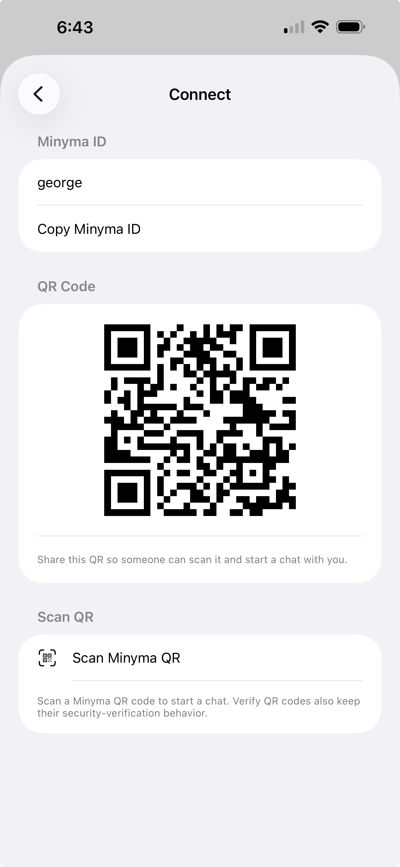 Minyma connect screen screenshot