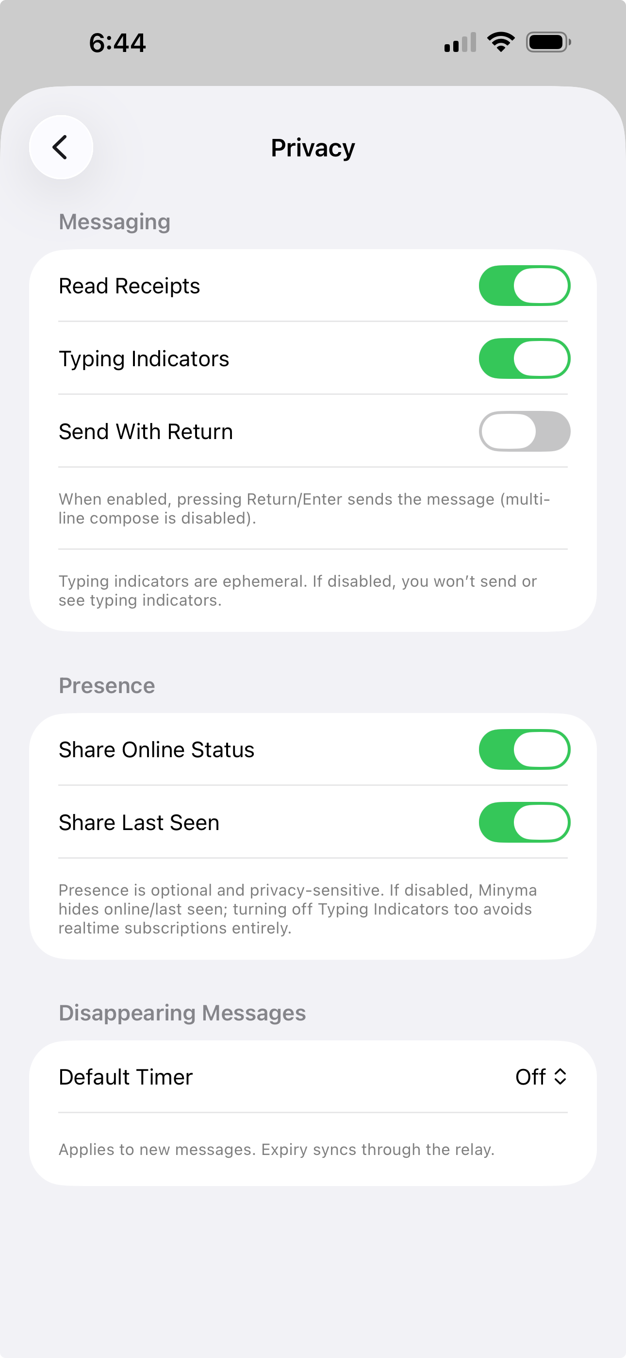 Minyma privacy settings screenshot